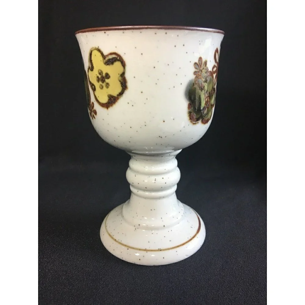 Vintage Otagiri Stoneware Goblets Wine Chalice Pansy Floral Ceramic Speckled